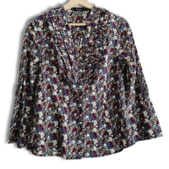 XXI FOREVER 21 Button Down Ditsy Floral Ruffle Detail Blouse Top Colorful Sz S - Picture 4 of 15